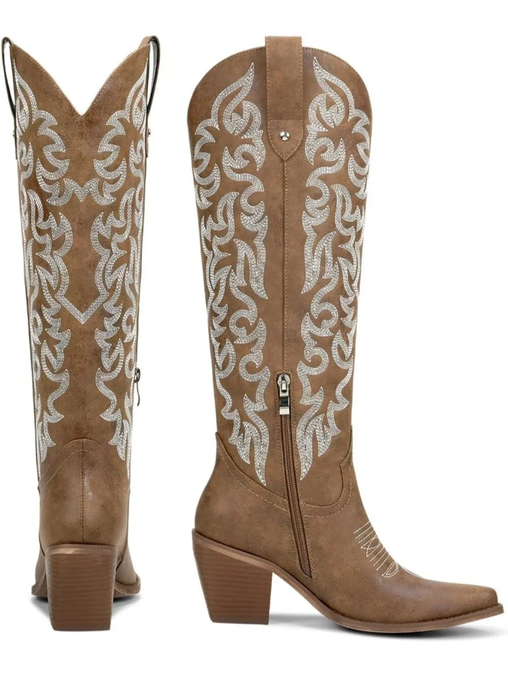 Women's Brown Knee High Cowboy Boots Chunky Heel Leather Chunky Heel Pull